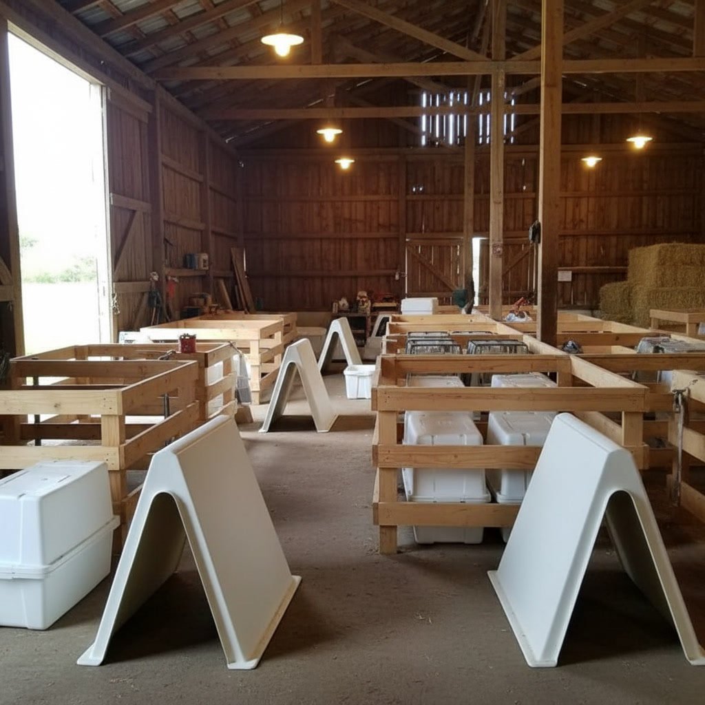Gamefowl housing and supplies staged in a barn setting
